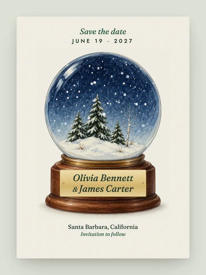 Snow Globe digital save the date in Forest Green