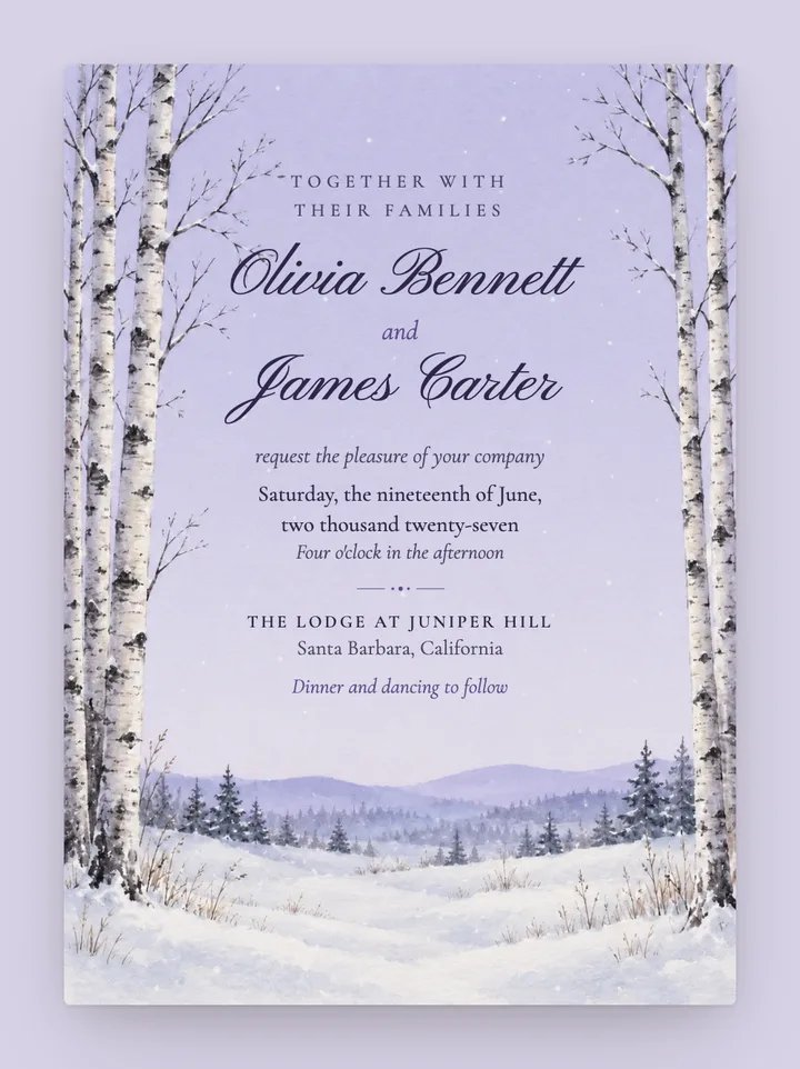 Snowfall digital wedding invitation in Dusk Lilac