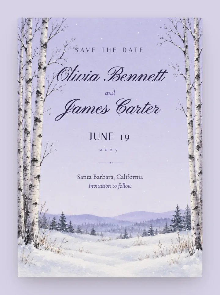Snowfall digital save the date in Dusk Lilac