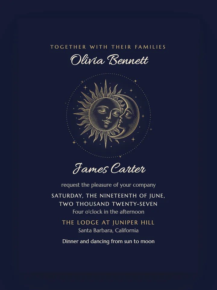 Sol & Luna digital wedding invitation in Midnight & Gold