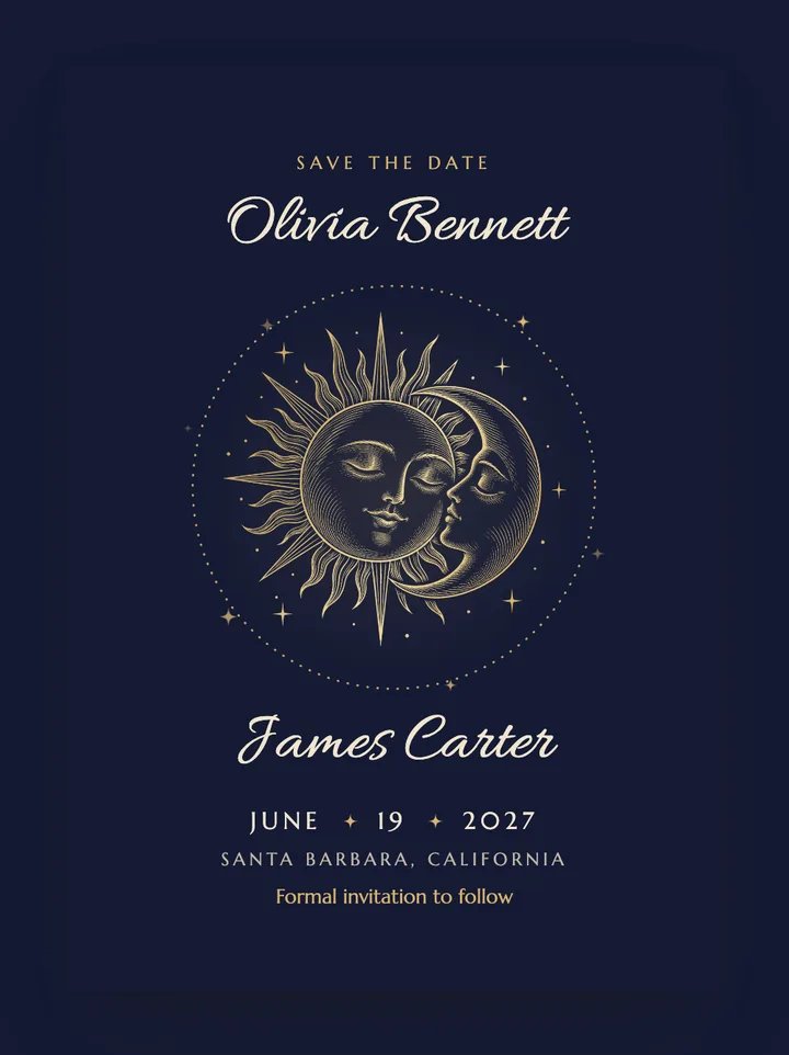 Sol & Luna digital save the date in Midnight & Gold