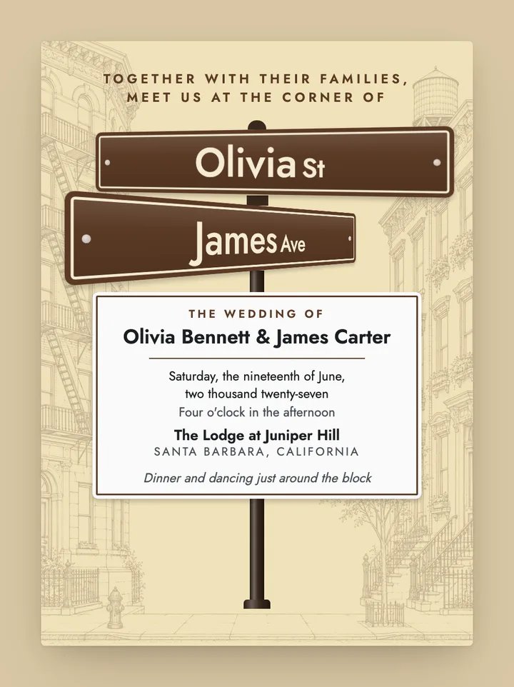Street Sign digital wedding invitation in Mocha
