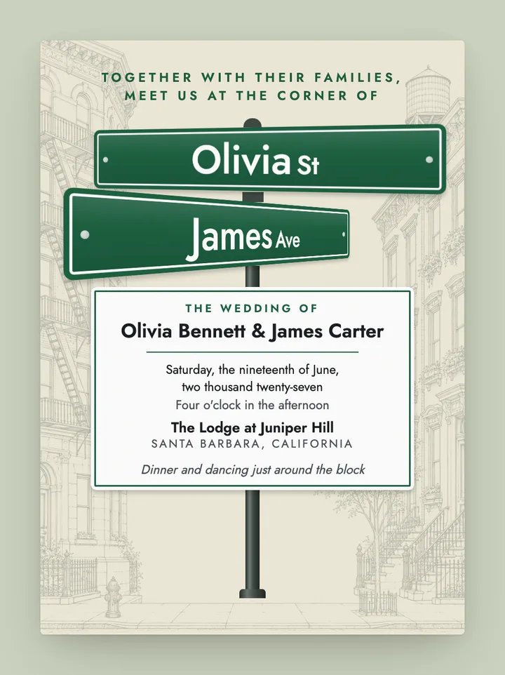 Street Sign digital wedding invitation in Forest Green