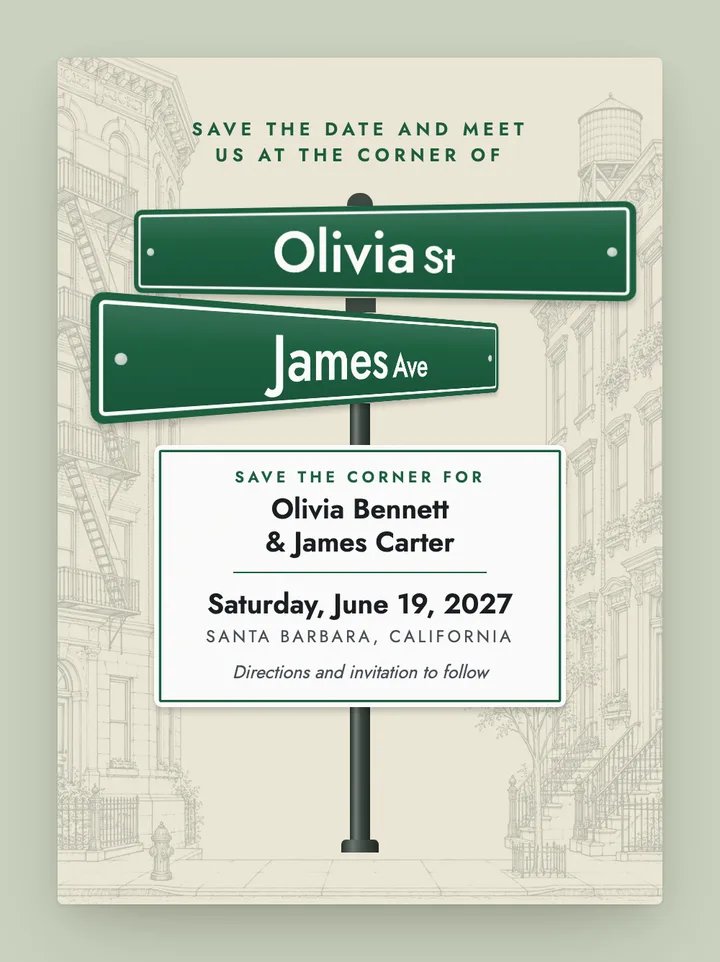 Street Sign digital save the date in Forest Green