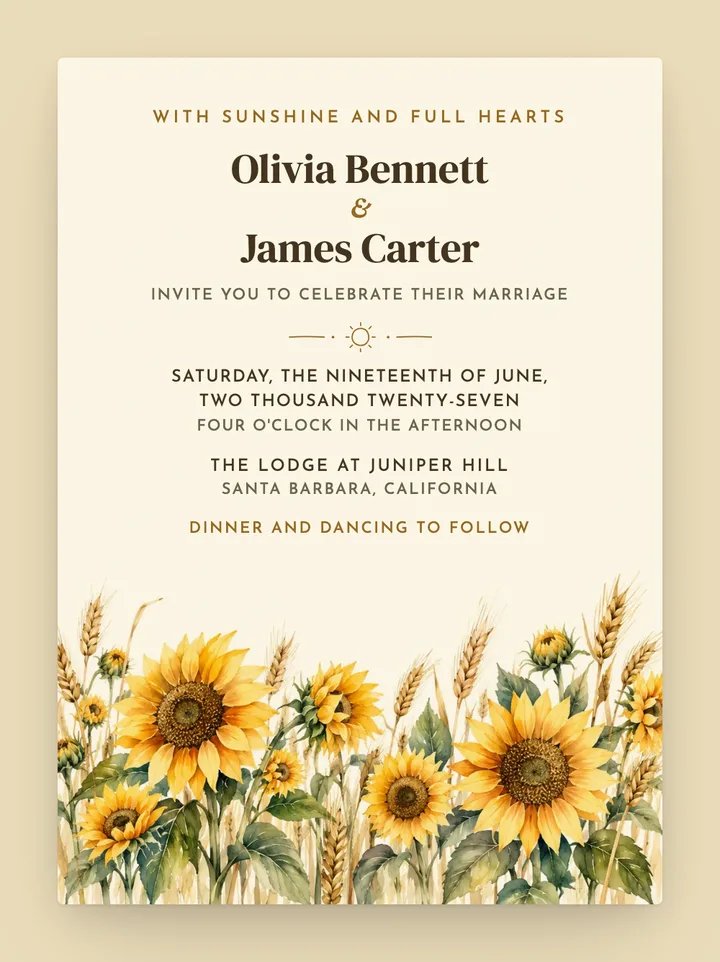 Sunflower digital wedding invitation in Golden