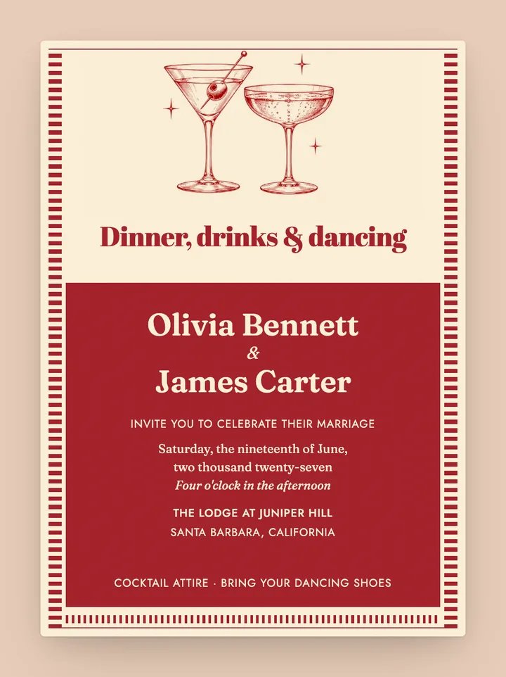 Supper Club digital wedding invitation in Cherry & Cream