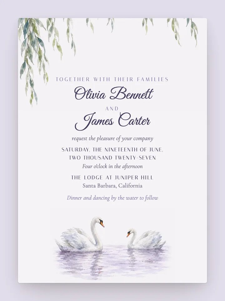 Swan Lake digital wedding invitation in Lavender