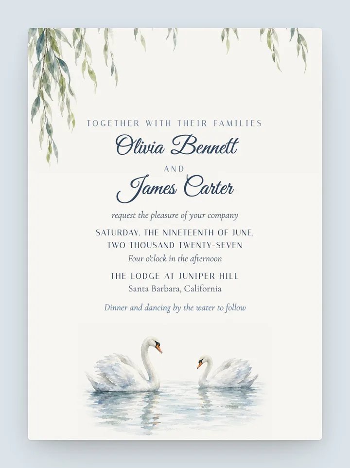 Swan Lake digital wedding invitation in Dusty Blue