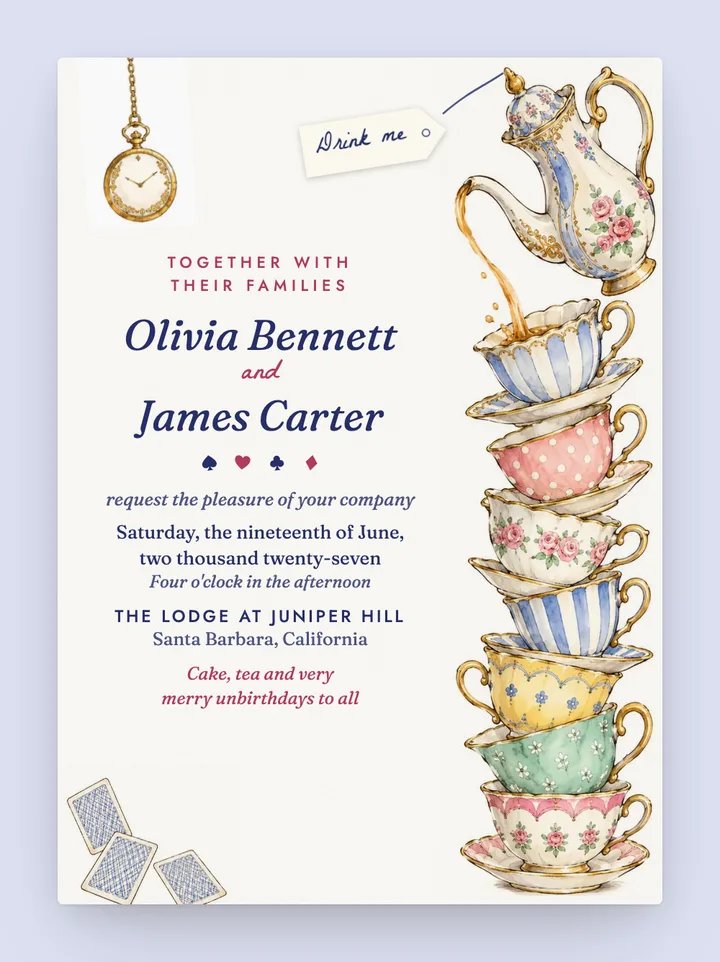 Tea Party digital wedding invitation in Periwinkle