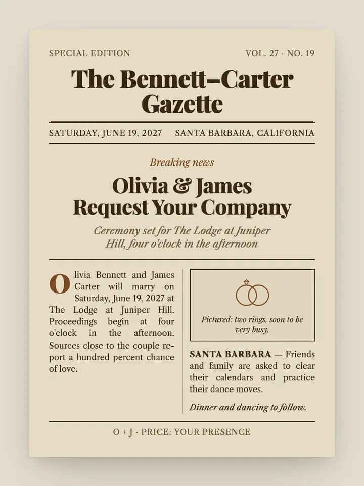 The Gazette digital wedding invitation in Sepia