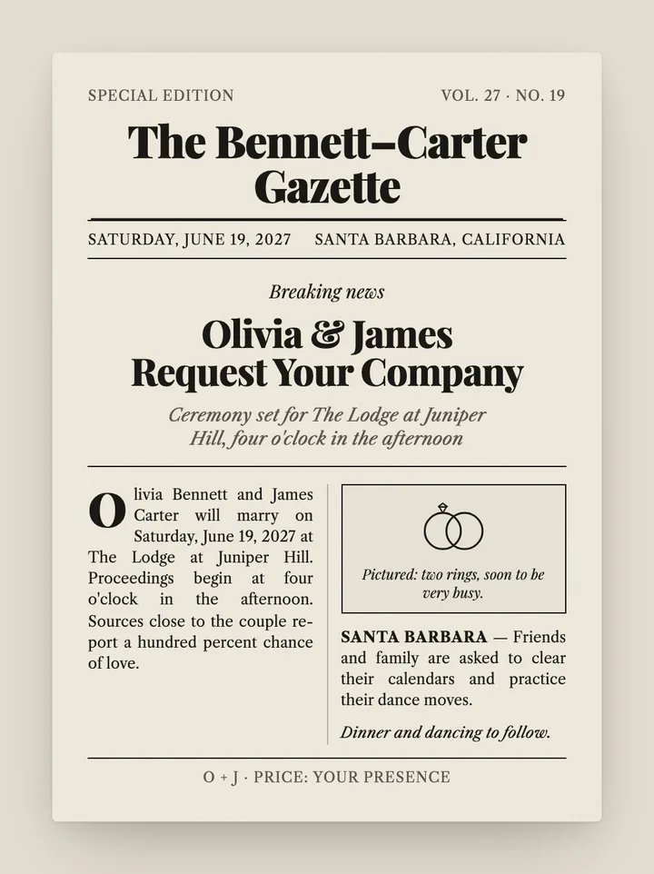 The Gazette digital wedding invitation in Newsprint