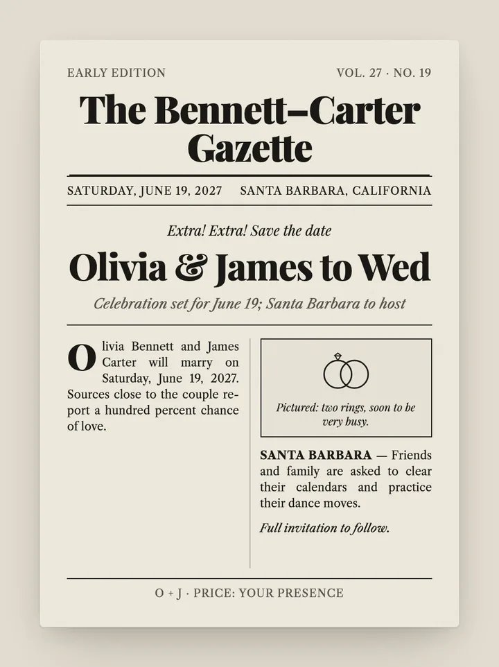 The Gazette digital save the date in Newsprint
