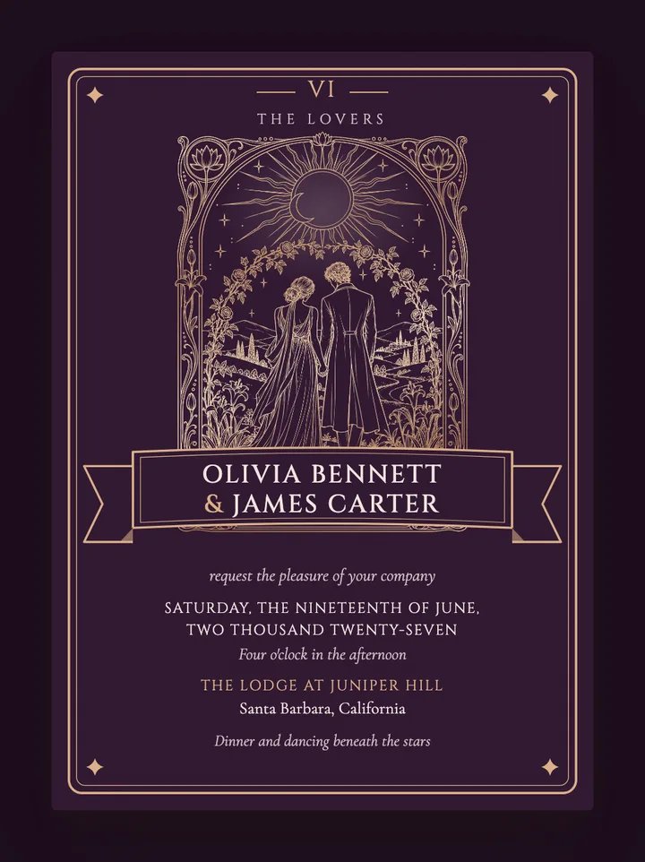 The Lovers digital wedding invitation in Plum