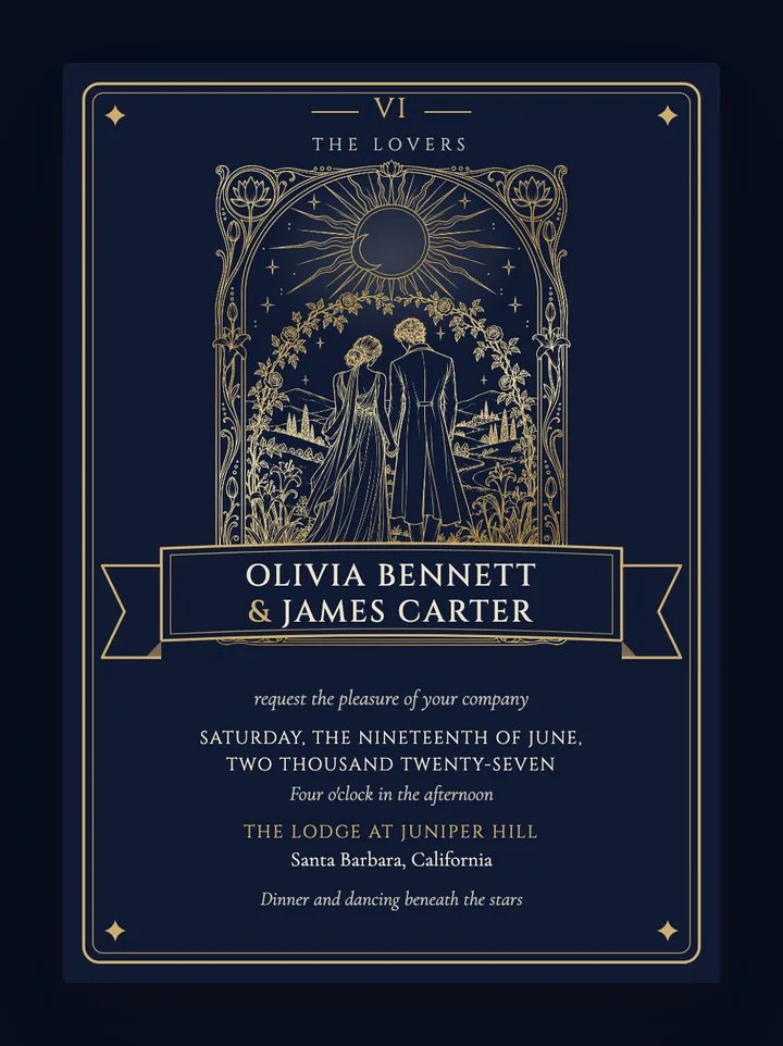 The Lovers digital wedding invitation in Midnight & Gold