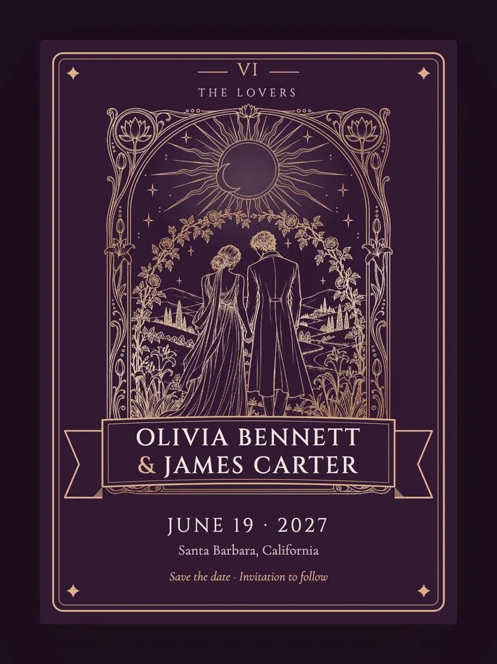The Lovers digital save the date in Plum