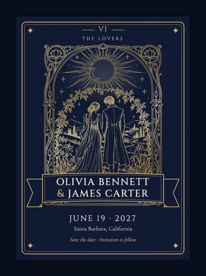 The Lovers digital save the date in Midnight & Gold