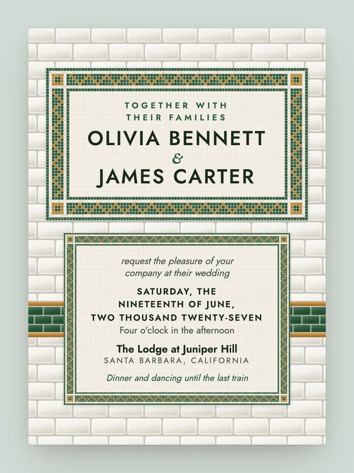 Tiled digital wedding invitation in Forest Green & Ochre