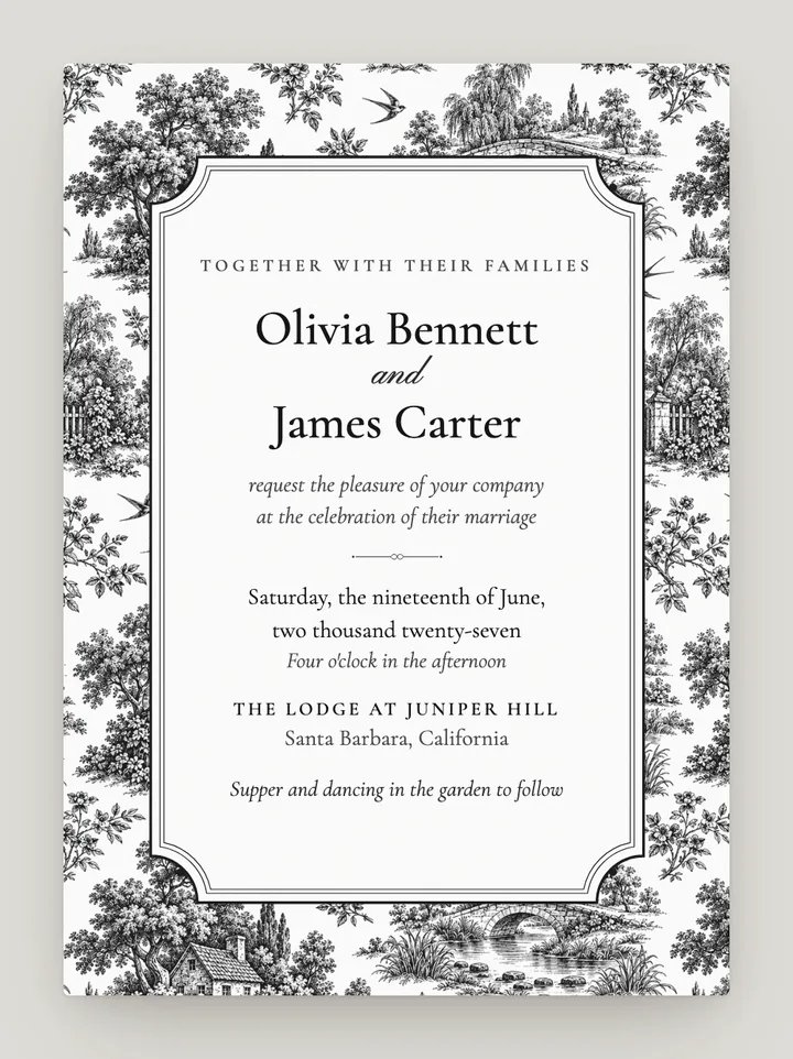 Toile digital wedding invitation in Black & White