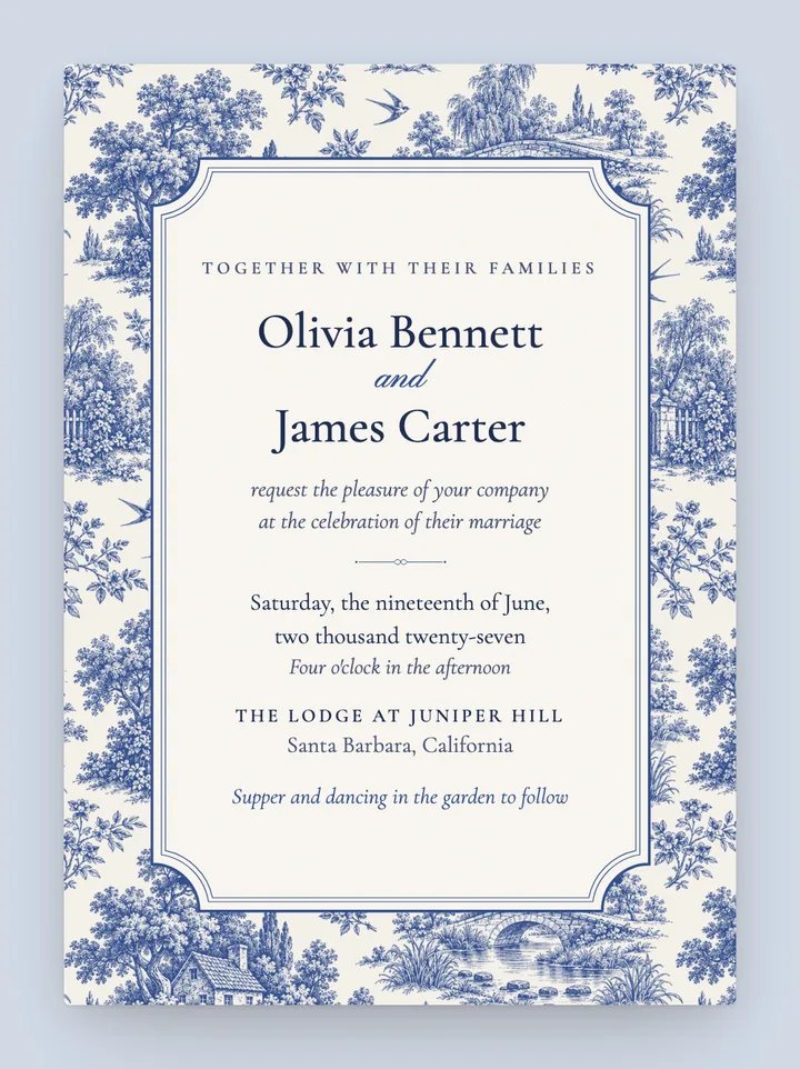 Toile digital wedding invitation in French Blue
