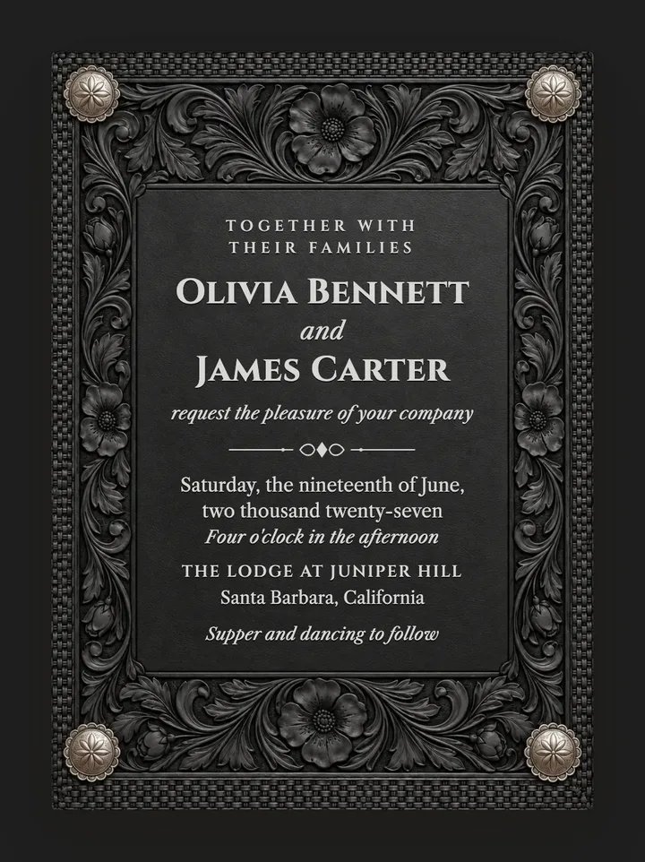 Tooled digital wedding invitation in Black & Silver