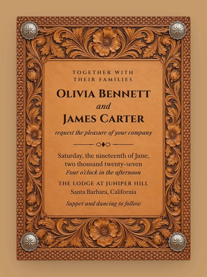 Tooled digital wedding invitation in Saddle Tan
