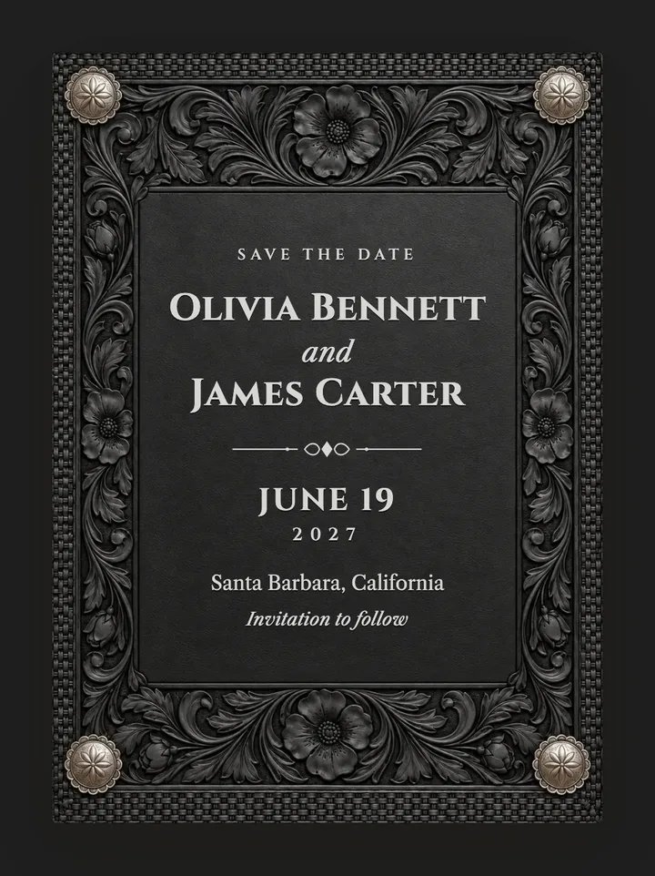 Tooled digital save the date in Black & Silver