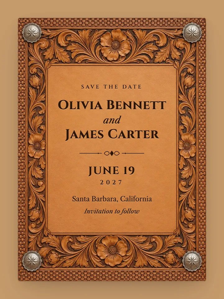 Tooled digital save the date in Saddle Tan