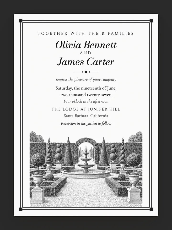 Topiary digital wedding invitation in Black & White