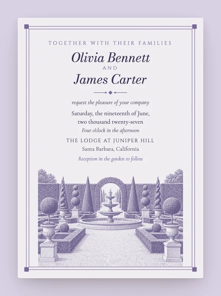 Topiary digital wedding invitation in Lavender