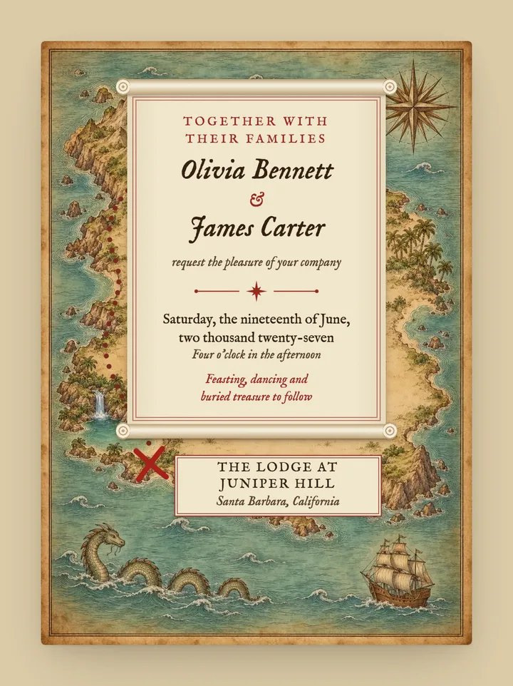 Treasure Map digital wedding invitation in Parchment