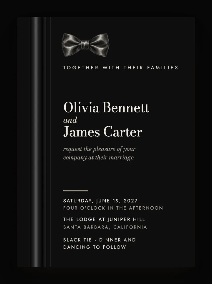 Tuxedo digital wedding invitation in Black Tie