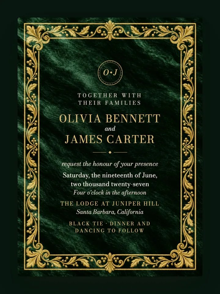 Velvet digital wedding invitation in Forest Green & Gold