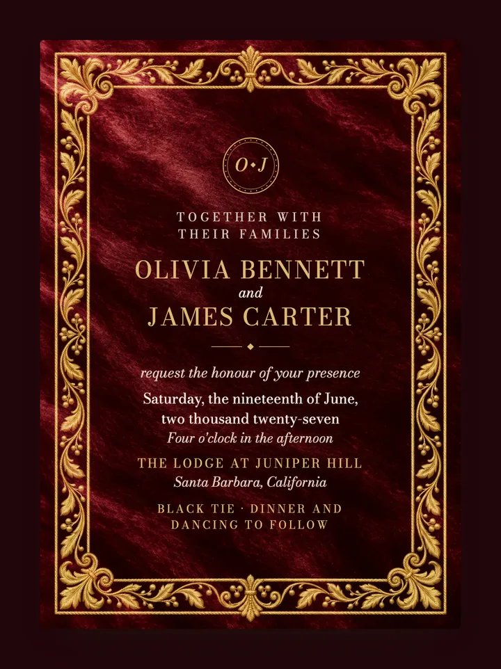 Velvet digital wedding invitation in Oxblood & Gold
