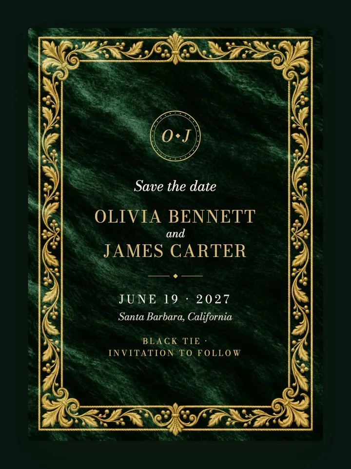 Velvet digital save the date in Forest Green & Gold