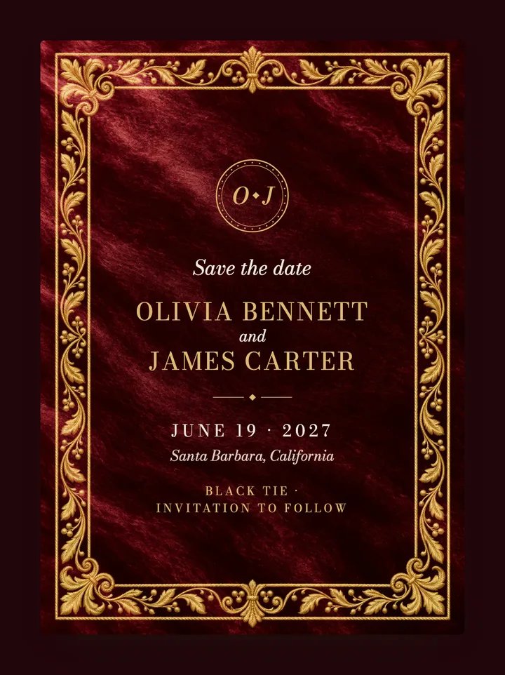 Velvet digital save the date in Oxblood & Gold