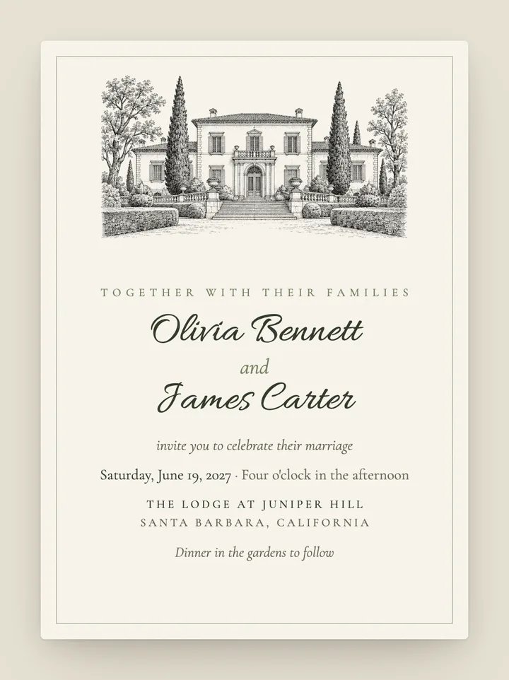 Villa digital wedding invitation in Olive