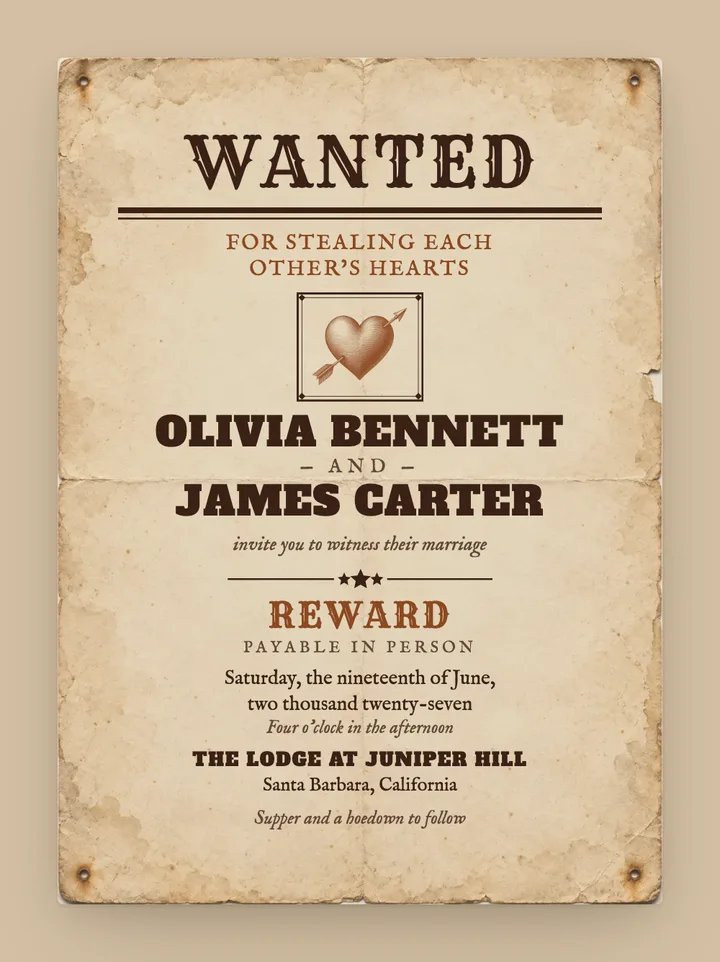 Wanted digital wedding invitation in Chocolate