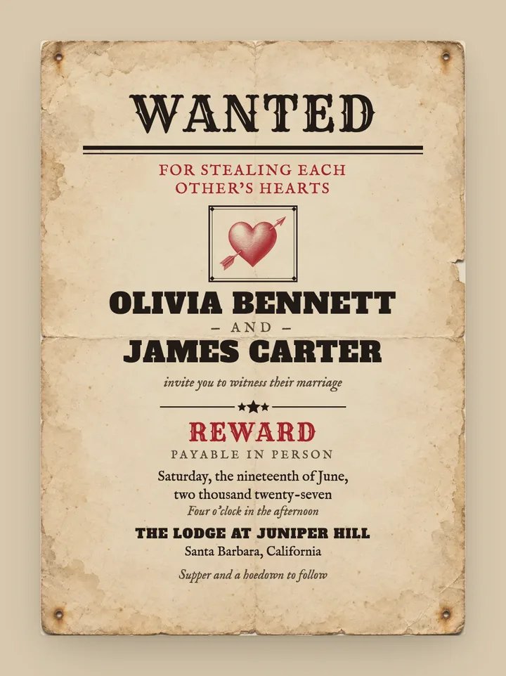Wanted digital wedding invitation in Black & Red