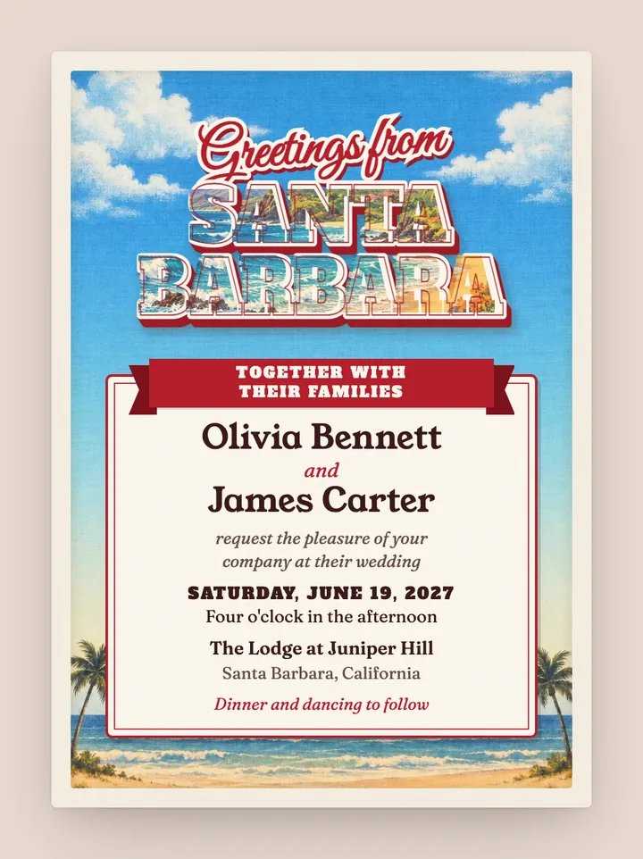 Wish You Were Here digital wedding invitation in Cherry Red