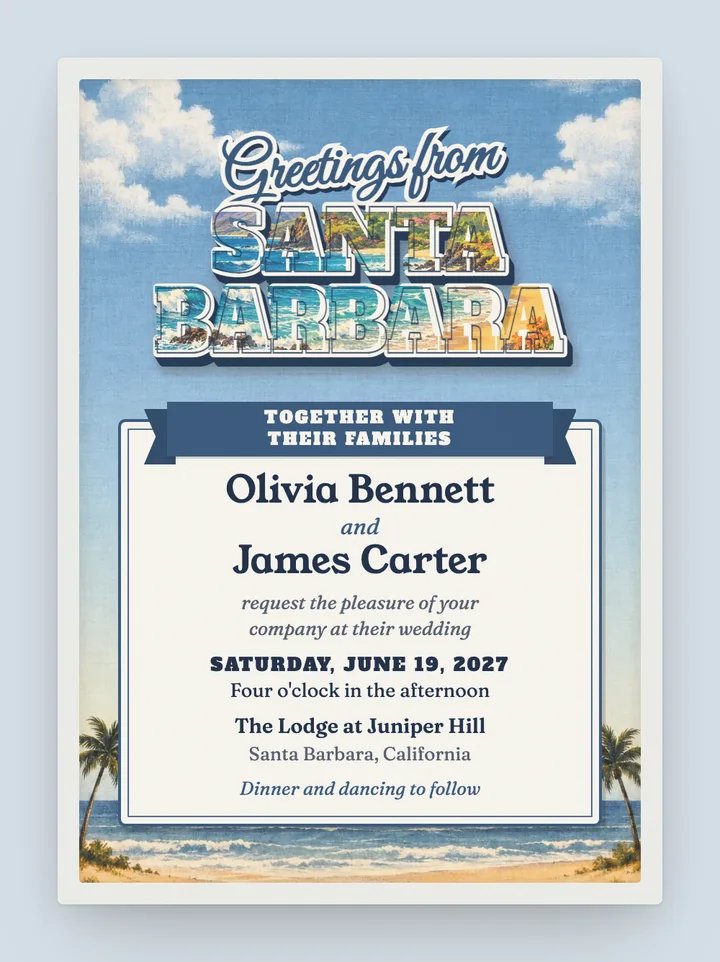 Wish You Were Here digital wedding invitation in Dusty Blue