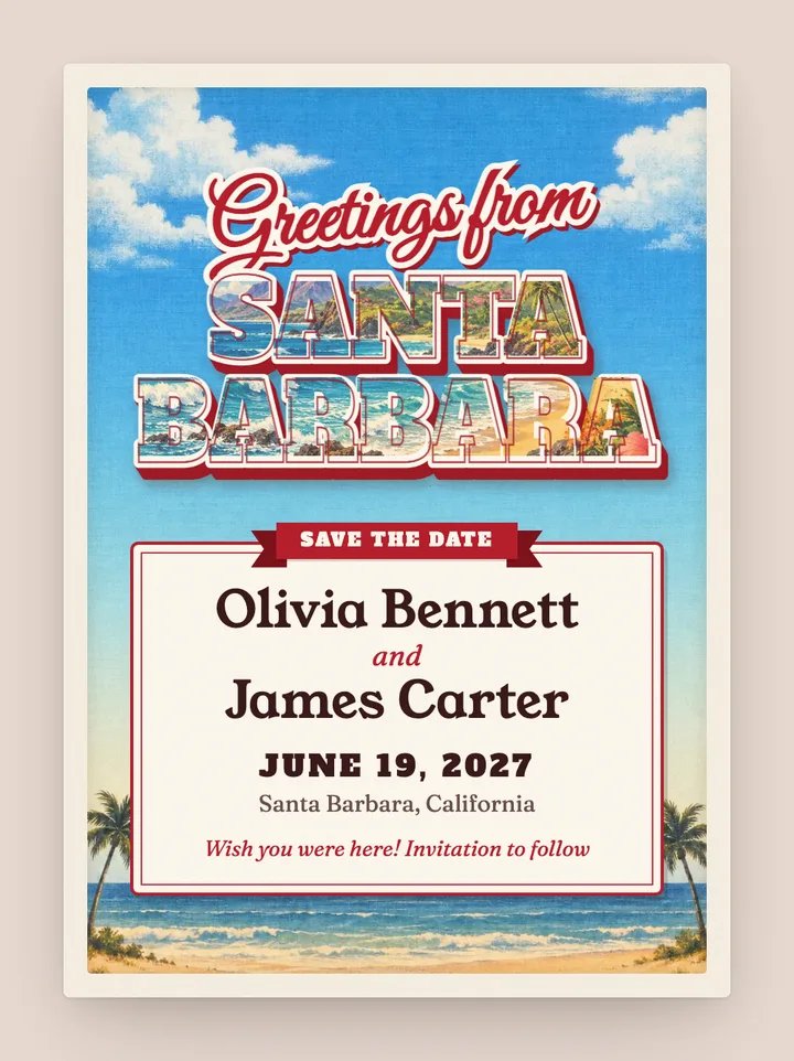 Wish You Were Here digital save the date in Cherry Red