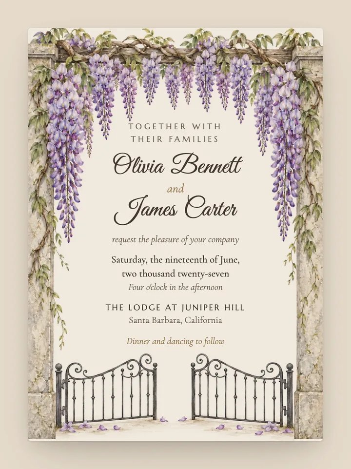 Wisteria digital wedding invitation in Champagne