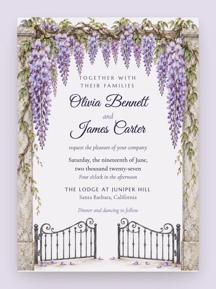Wisteria digital wedding invitation in Lavender