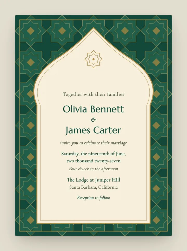 Zellige digital wedding invitation in Emerald & Gold
