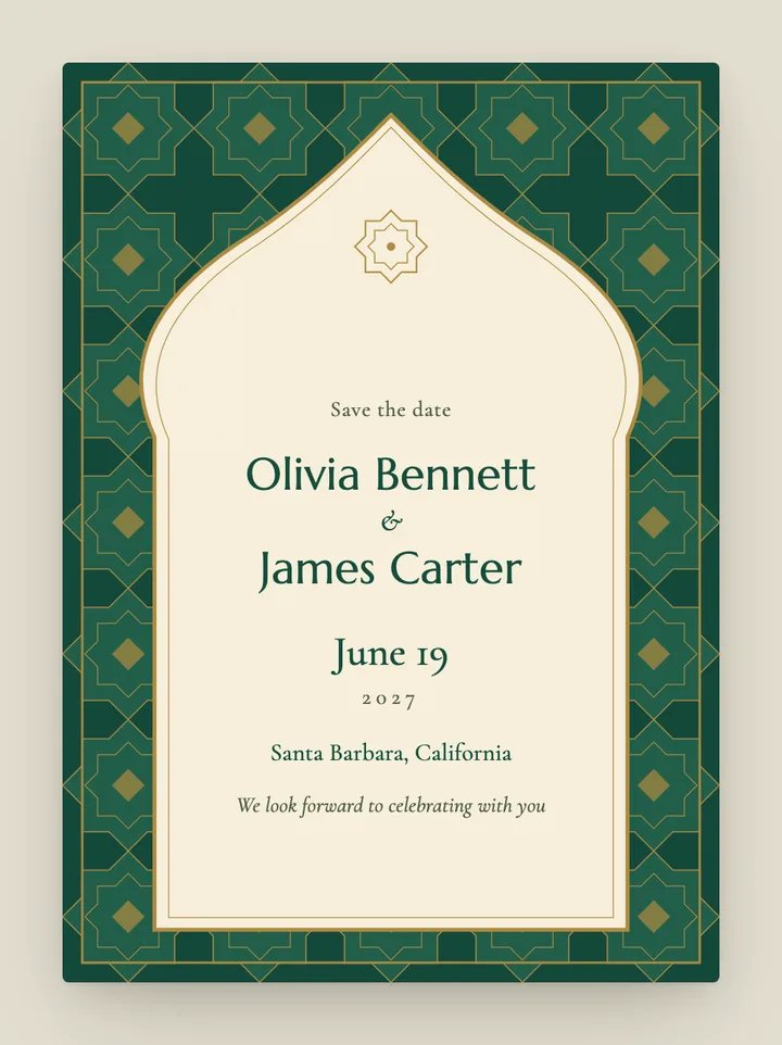 Zellige digital save the date in Emerald & Gold