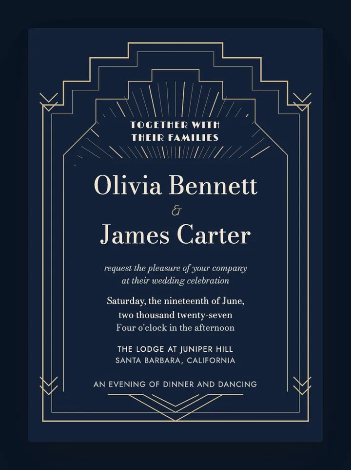 Ziegfeld digital wedding invitation in Navy & Champagne