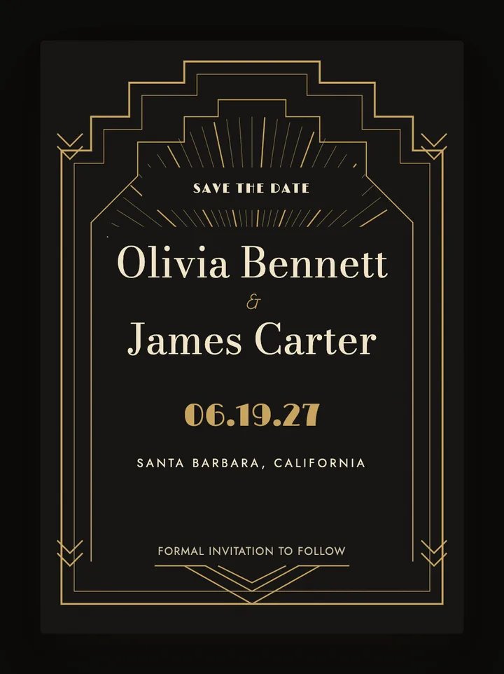 Ziegfeld digital save the date in Onyx & Gold