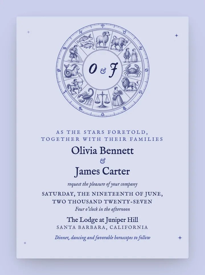 Zodiac digital wedding invitation in Periwinkle