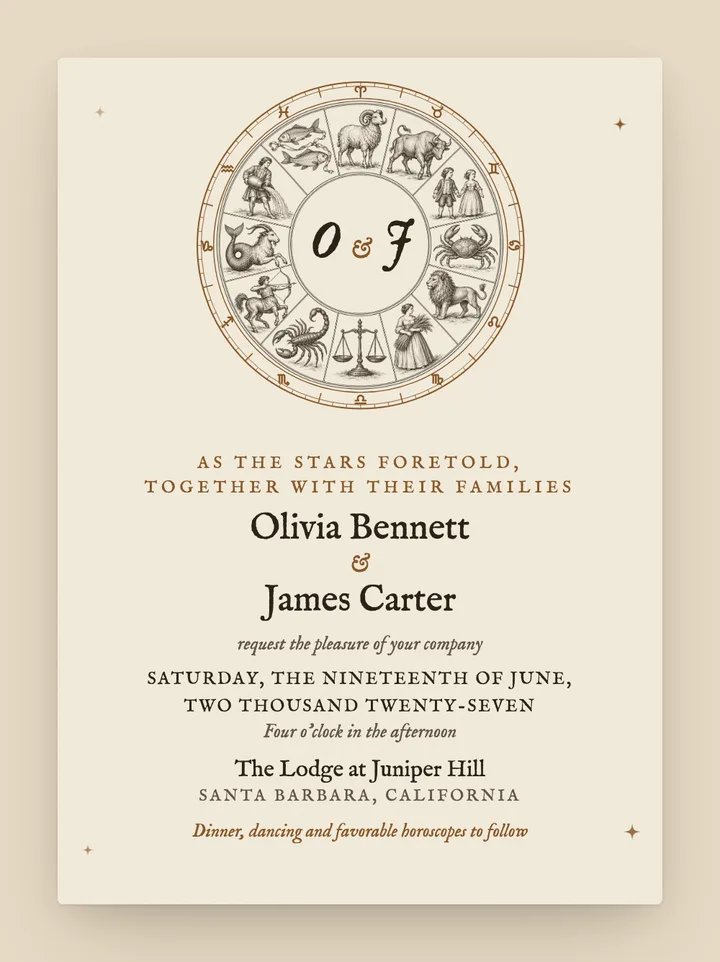 Zodiac digital wedding invitation in Ivory