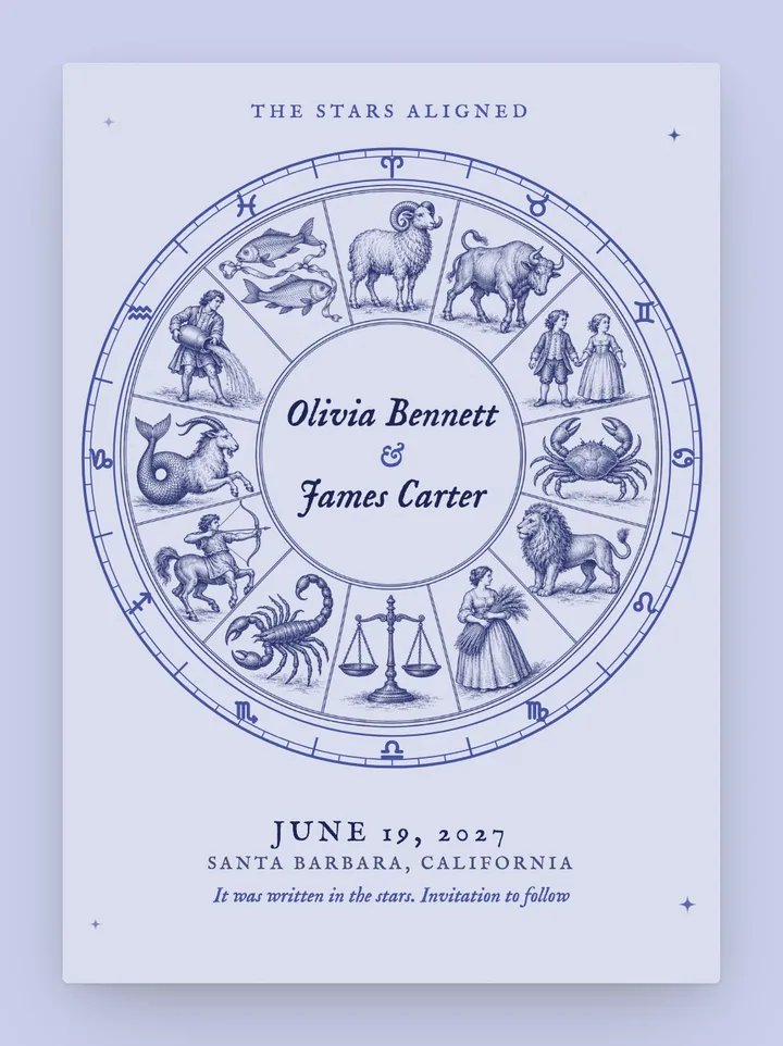Zodiac digital save the date in Periwinkle